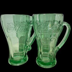 Set Of 4 Coca-Cola Embossed Heavy Green Glass Mugs With Handle  Vintage Style 16